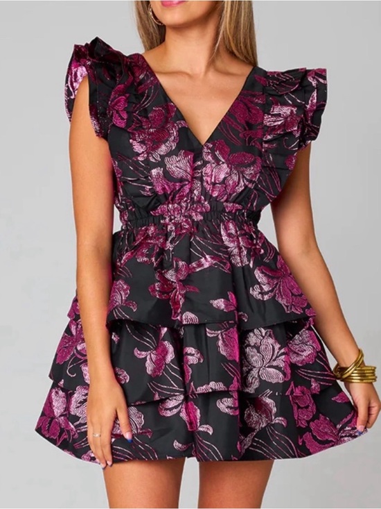 Buddy Love Dresses & Skirts - Buddy Love Black Mini Dress with Pink Floral Jacquard